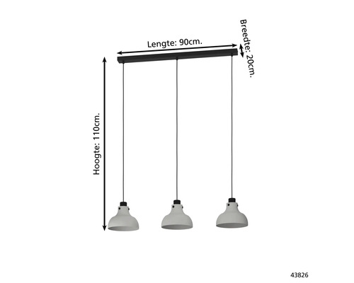 Hanglamp met drie lampen, lengte 90 cm, breedte 20 cm, hoogte 110 cm
