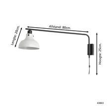 Wandlamp met specificaties van lengte, hoogte en afstand.