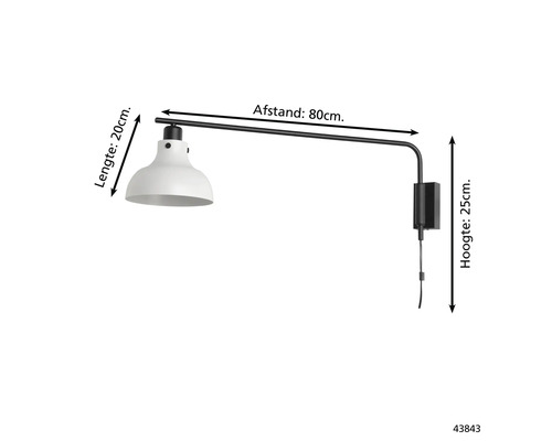 Wandlamp met specificaties van lengte, hoogte en afstand.