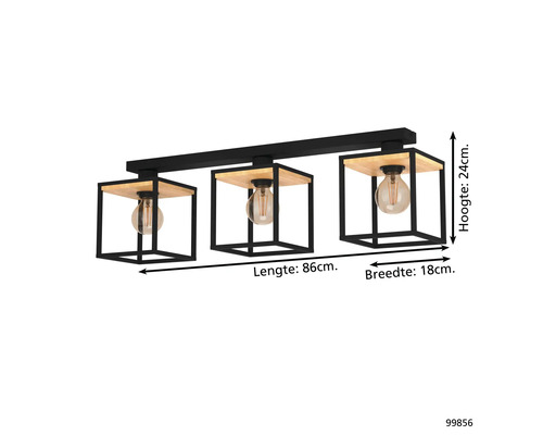 Plafondlamp met drie lichtbronnen in kubusvorm