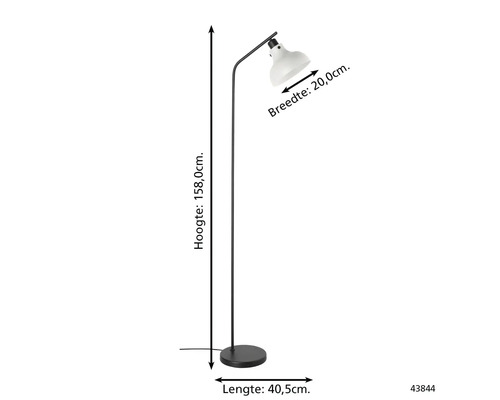 Vloerlamp met afmetingen voor hoogte, breedte en lengte
