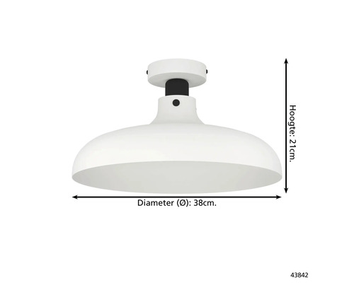 Witte plafondlamp met een diameter van 38 cm en een hoogte van 21 cm.