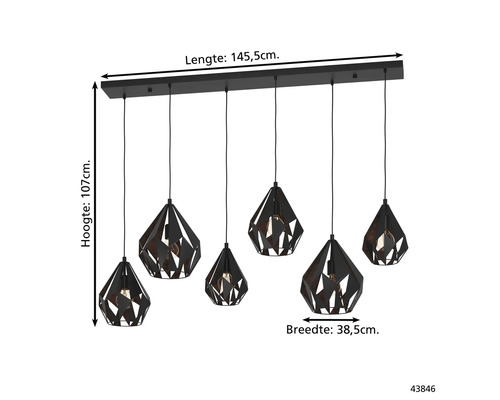 Zes-lichts hanglamp met geometrische lampenkappen en maataanduidingen