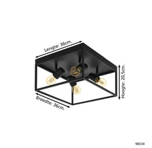 Zwarte plafondlamp met vier lampen en een vierkante vorm