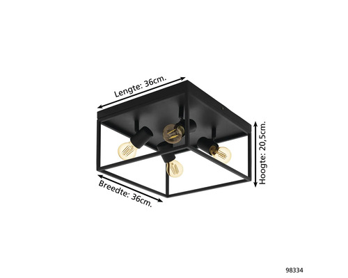 Zwarte plafondlamp met vier lampen en een vierkante vorm
