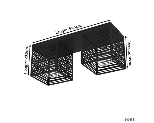 Plafondlamp met twee lampen en afmetingen.