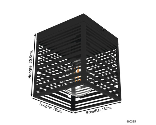 Kubusvormige plafondlamp met de afmetingen 18 cm x 18 cm x 20,5 cm