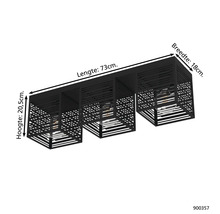 Zwarte plafondlamp met drie lampen en de afmetingen 73 cm lengte, 18 cm breedte en 20,5 cm hoogte
