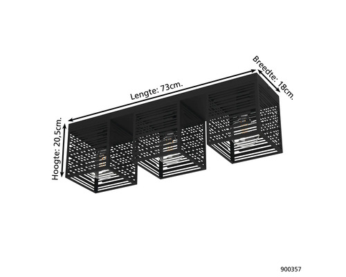 Zwarte plafondlamp met drie lampen en de afmetingen 73 cm lengte, 18 cm breedte en 20,5 cm hoogte
