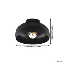 Zwarte plafondlamp met een diameter van 28 centimeter en een hoogte van 17,5 centimeter.