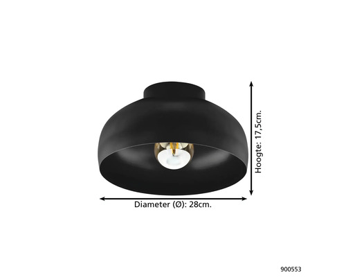 Zwarte plafondlamp met een diameter van 28 centimeter en een hoogte van 17,5 centimeter.