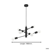 Zwarte hanglamp met zes lampen en een lengte van 1066 mm.