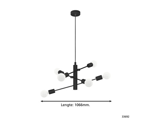Zwarte hanglamp met zes lampen en een lengte van 1066 mm.
