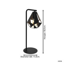 Zwarte tafellamp met geometrische lampenkap en de afmetingen: hoogte 50,5 cm, diameter 17 cm.