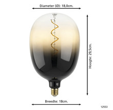 Decoratieve ledlamp met een diameter van 18 centimeter en een hoogte van 29,5 centimeter.
