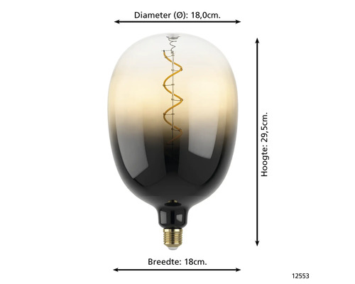 Decoratieve ledlamp met een diameter van 18 centimeter en een hoogte van 29,5 centimeter.