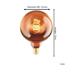 Decoratieve globe lamp met een diameter van 12,5 cm en een lengte van 17 cm.