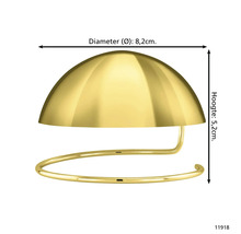 Goudkleurige toiletpapierhouder met afmetingen 8,2 cm diameter en 5,2 cm hoogte.