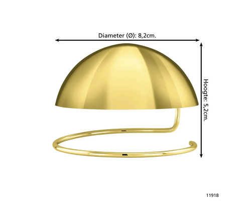 Goudkleurige toiletpapierhouder met afmetingen 8,2 cm diameter en 5,2 cm hoogte.