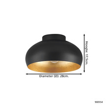 Zwarte plafondlamp met gouden interieur, diameter 28 cm, hoogte 17,5 cm