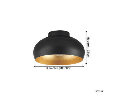 Zwarte plafondlamp met gouden interieur, diameter 28 cm, hoogte 17,5 cm