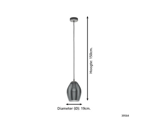 Hanglamp met een diameter van 19 cm en een hoogte van 150 cm.