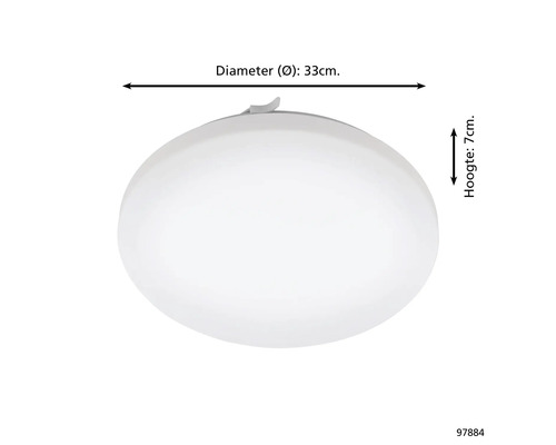 Plafondlamp met een diameter van 33 centimeter en een hoogte van 7 centimeter.