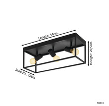 Zwarte plafondlamp met drie lampen, afmetingen worden weergegeven