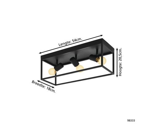 Zwarte plafondlamp met drie lampen, afmetingen worden weergegeven