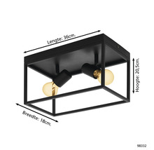 Zwarte plafondlamp met twee lampen en rechthoekig frame
