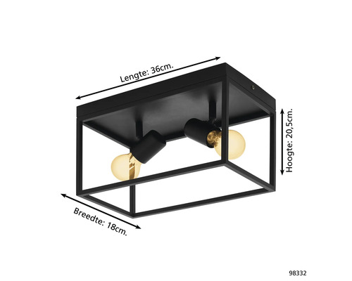 Zwarte plafondlamp met twee lampen en rechthoekig frame