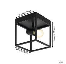 Zwarte plafondlamp in kubusdesign met afmetingen 18 x 18 x 20,5 cm