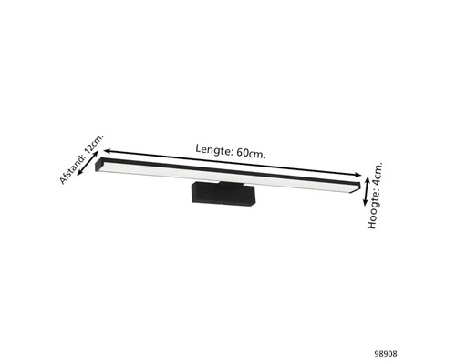 Afbeelding van een 60 centimeter lange led-wandlamp met de afmetingen 12 centimeter afstand en 4 centimeter hoogte