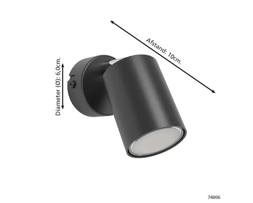 Zwarte wandlamp met afmetingen 6,0 cm diameter en 10 cm afstand.