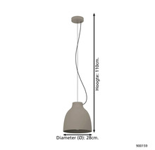Hanglamp met een hoogte van 110 centimeter en een diameter van 28 centimeter.