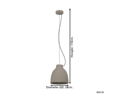 Hanglamp met een hoogte van 110 centimeter en een diameter van 28 centimeter.