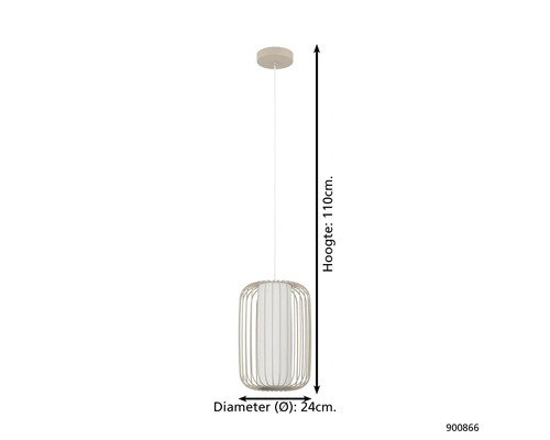 Hanglamp met metalen frame en stoffen kap, hoogte 110 centimeter, diameter 24 centimeter