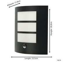 Zwarte buitenwandlamp met drie lichtelementen en bewegingsmelder.