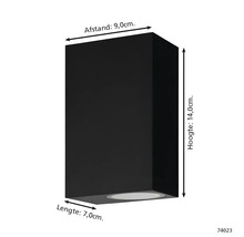 Afbeelding van een zwarte buitenmuurlamp met afmetingen: 14,0 cm hoogte, 7,0 cm lengte en 9,0 cm afstand.