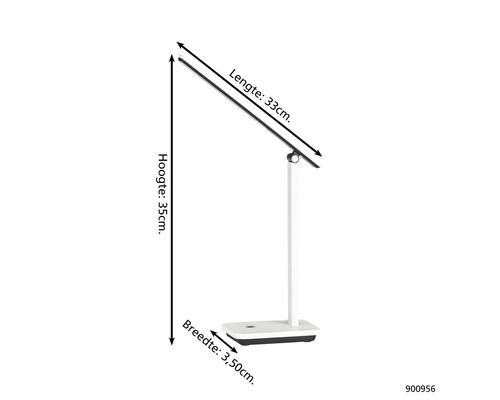 Tafellamp met de afmetingen 33 cm lengte, 35 cm hoogte en 3,5 cm breedte.