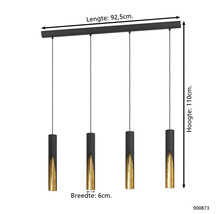 Hanglamp met vier lampen, lengte 92,5 cm, hoogte 110 cm, lampbreedte 6 cm.