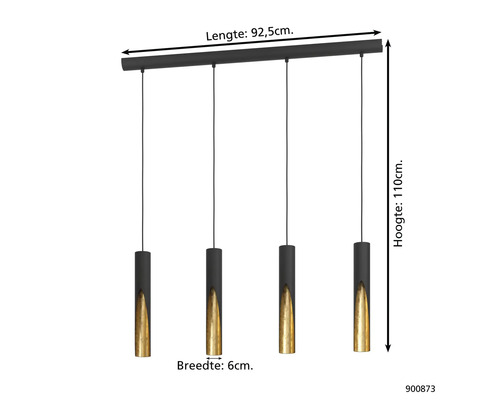 Hanglamp met vier lampen, lengte 92,5 cm, hoogte 110 cm, lampbreedte 6 cm.