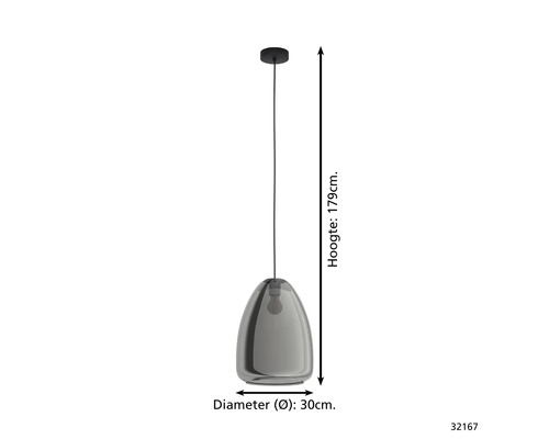 Hanglamp met een diameter van 30 cm en een hoogte van 179 cm.