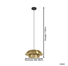 Goudkleurige hanglamp met een diameter van 40 cm en een hoogte van 110 cm.