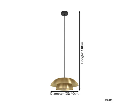 Goudkleurige hanglamp met een diameter van 40 cm en een hoogte van 110 cm.