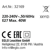 Productinformatie, inclusief artikelnummer, spanning, frequentie, fitting, maximaal vermogen, verwijderingsinstructie, serienummer, CE-markering, EAC-markering, fabrikantgegevens en e-mailadres