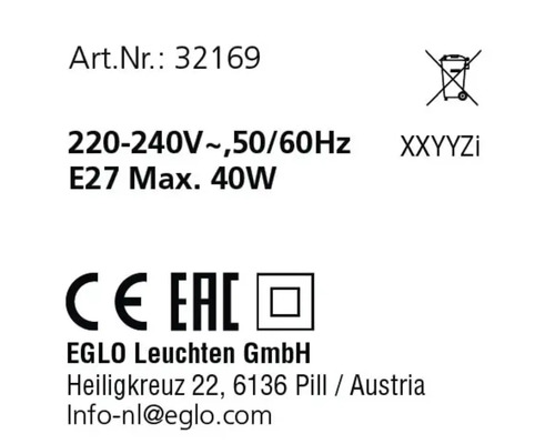 Productinformatie, inclusief artikelnummer, spanning, frequentie, fitting, maximaal vermogen, verwijderingsinstructie, serienummer, CE-markering, EAC-markering, fabrikantgegevens en e-mailadres