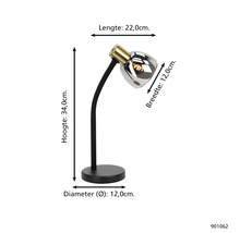 Bureaulamp met de afmetingen hoogte 34,0 cm, lengte 22,0 cm, breedte 12,0 cm en diameter 12,0 cm.