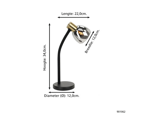 Bureaulamp met de afmetingen hoogte 34,0 cm, lengte 22,0 cm, breedte 12,0 cm en diameter 12,0 cm.