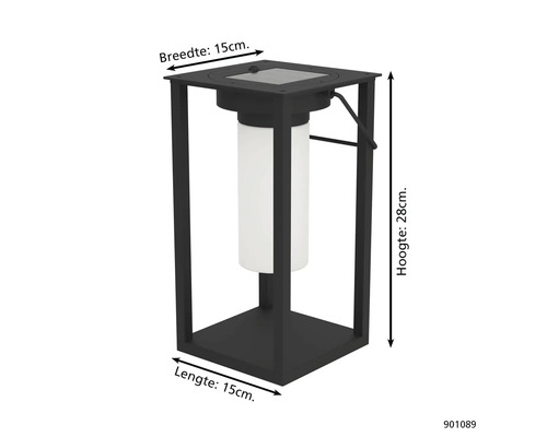 Zwarte solarlamp met afmetingen 15 x 15 x 28 cm